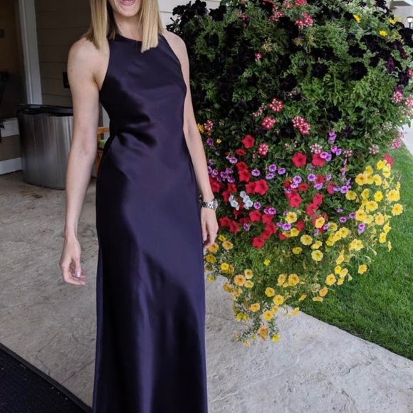 Vintage 90s Racerback Halter Deep Eggplant Purple Bias Satin Dress Gown 2 - Picture 3 of 10